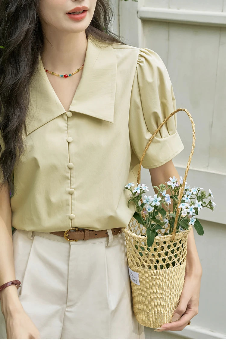 MISHOW Bubble Sleeve V-Neck Shirt Lapel Collar Loose MXD28X1471