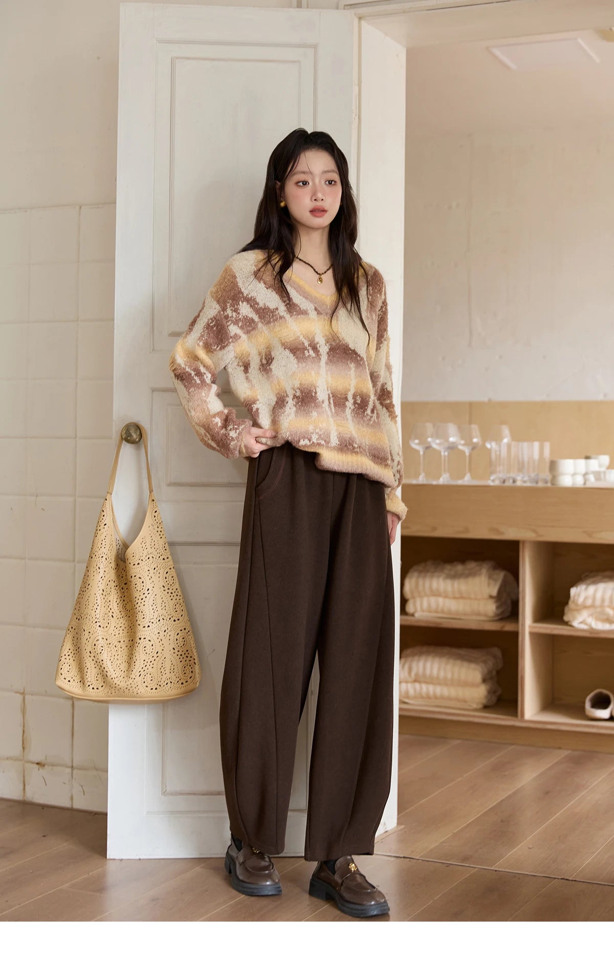 Mishow Yellow Coffee Gradient V-Neck Cable Knit Sweater MXE51Z2627