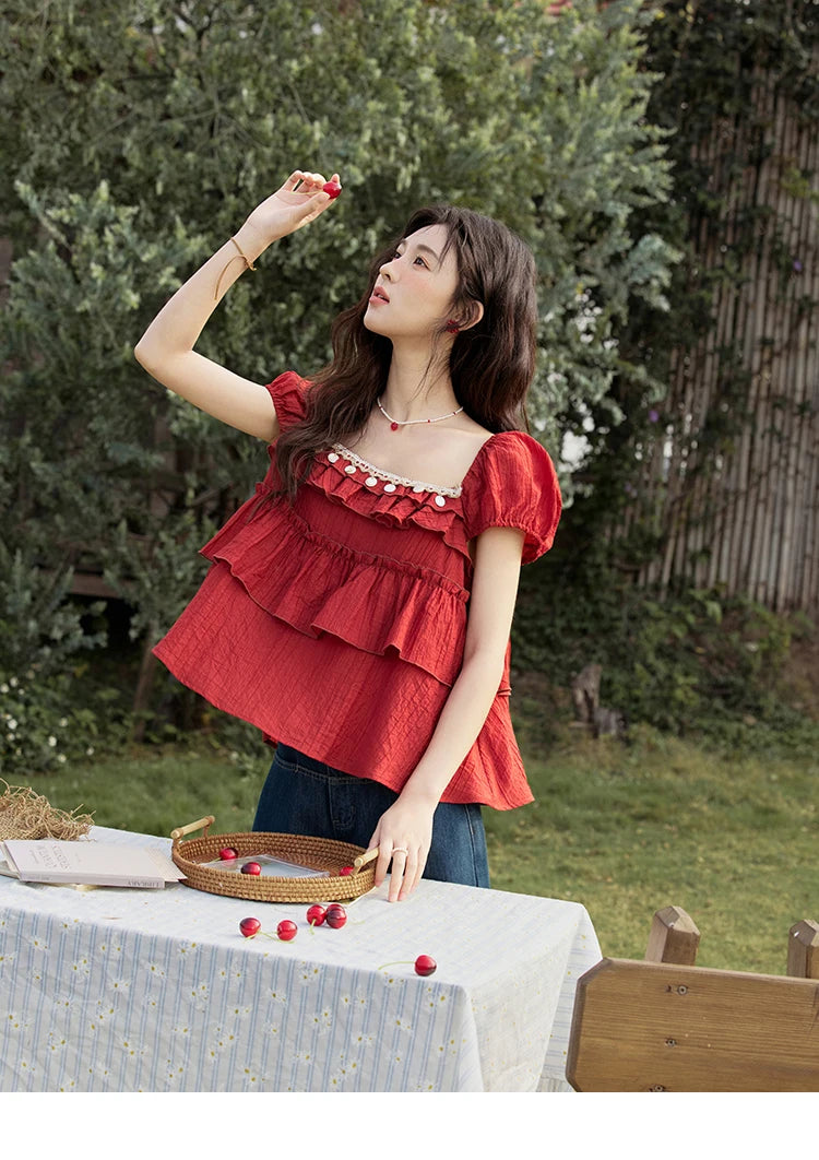 MISHOW French Square Collar Blouse Cake Ribbon Short Sleeve MXE33X1763