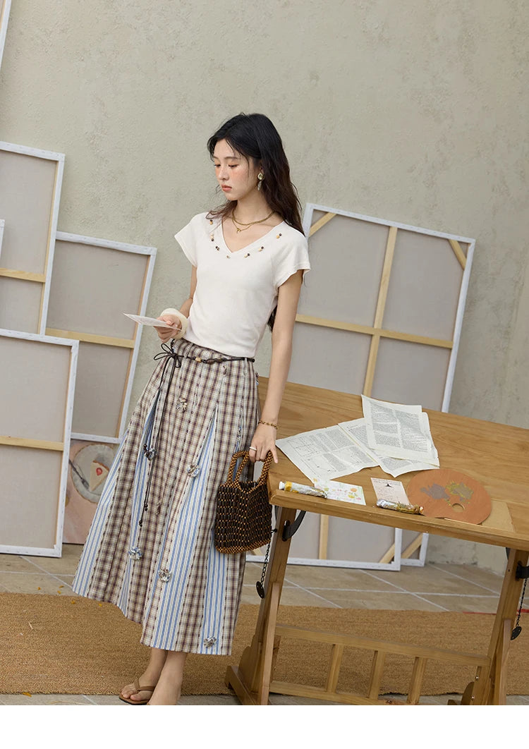 MISHOW Retro Plaid Patchwork Pleats Skirt A-LINE Slim MXE35B0726
