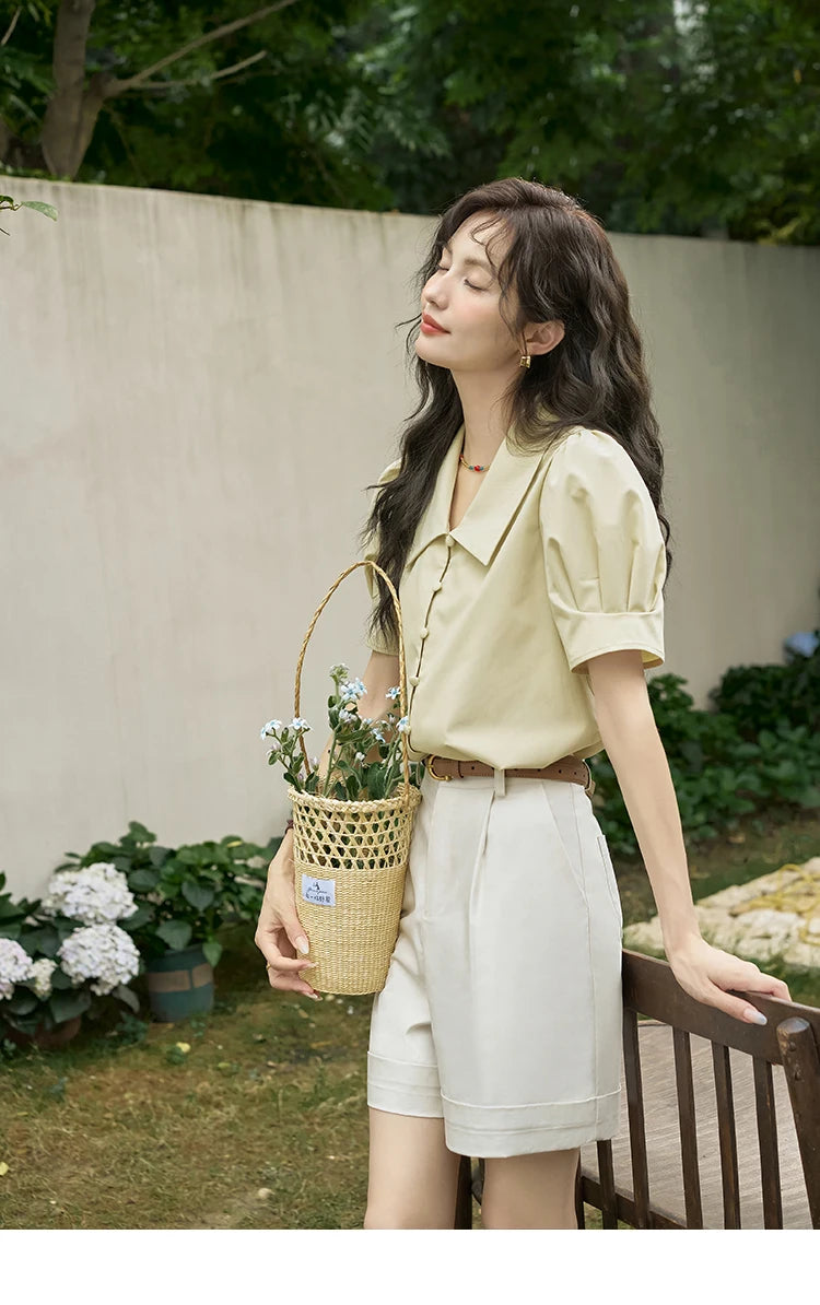 MISHOW Bubble Sleeve V-Neck Shirt Lapel Collar Loose MXD28X1471