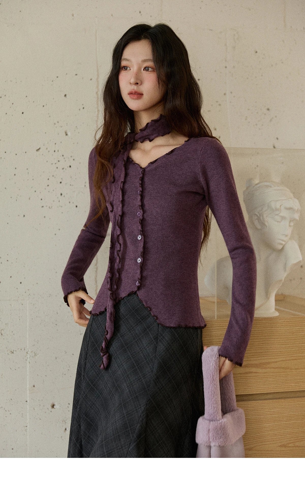 Mishow Ruffled Edge V-Neck Ribbon Knit Pullover MXE86Z2728