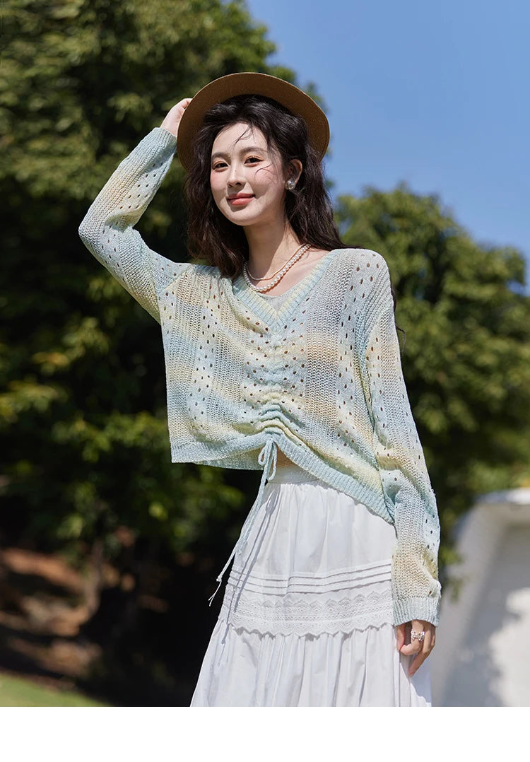 Mishow Gradient Blue Green V-Neck Drawstring Sweater MXE16Z1171