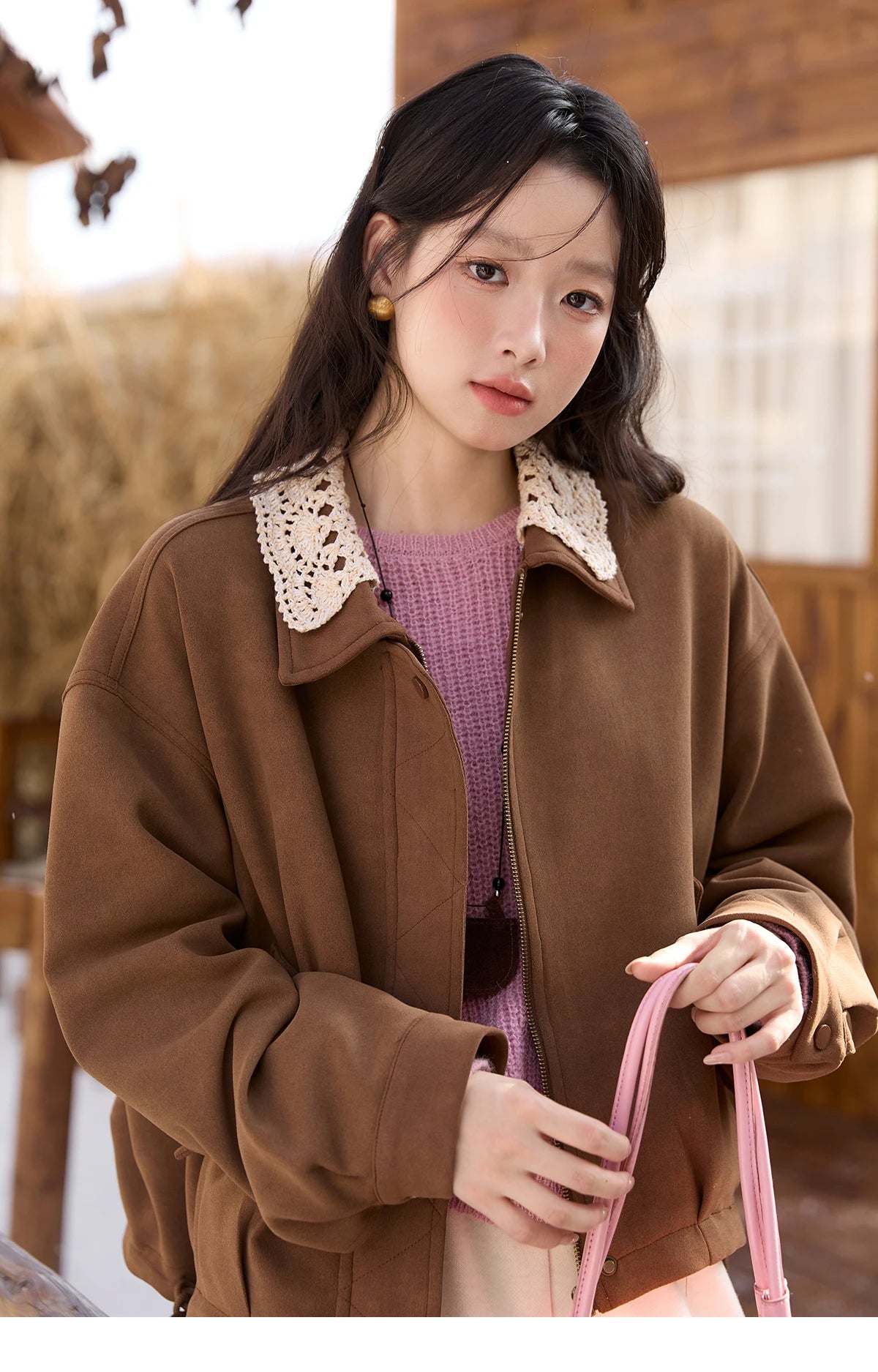 MISHOW Brown Jacket Detachable Lace Collar Drawstring Hem MXE45W0846