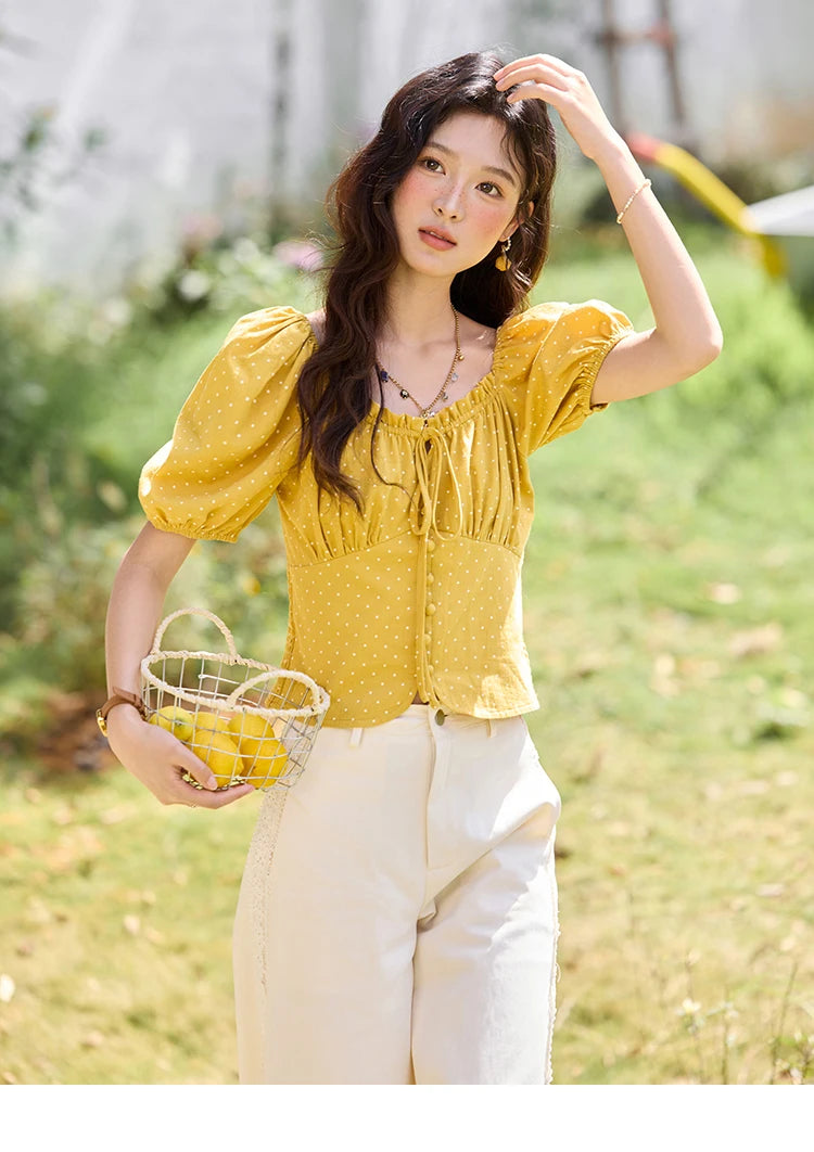 MISHOW Yellow Polka Dot One Shoulder Blouse Back Elastic Lace-Up MXE35X1840