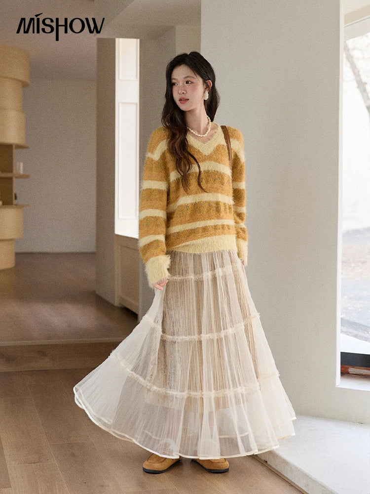 Mishow Retro Yellow Striped Faux Mink Jacquard Sweater MXE87Z2766