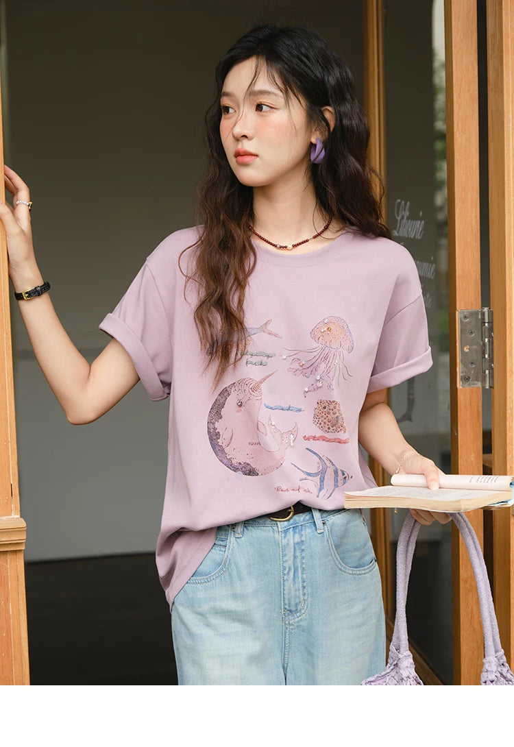 Mishow Cartoon Print Loose Cotton Tee MXE36T0575