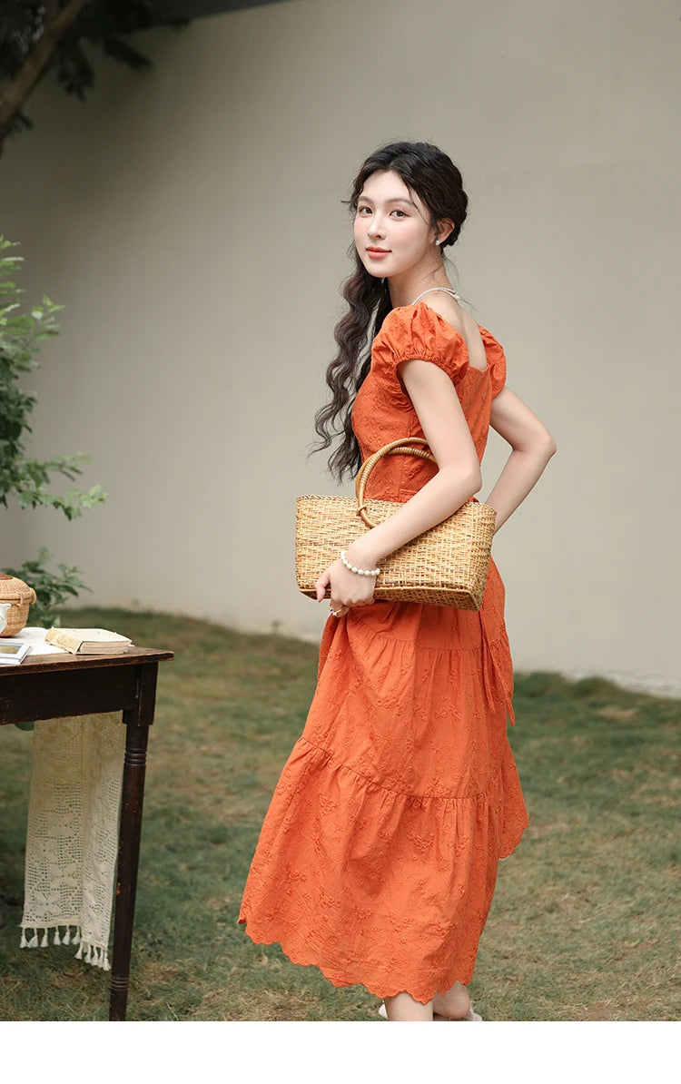 Mishow 100% Cotton Orange Embroidered Sweetheart Dress MXD29L1931