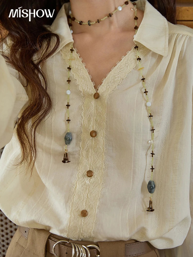 MISHOW French V-Neck Shirt Lace Panels Apricot Top MXE43X2474