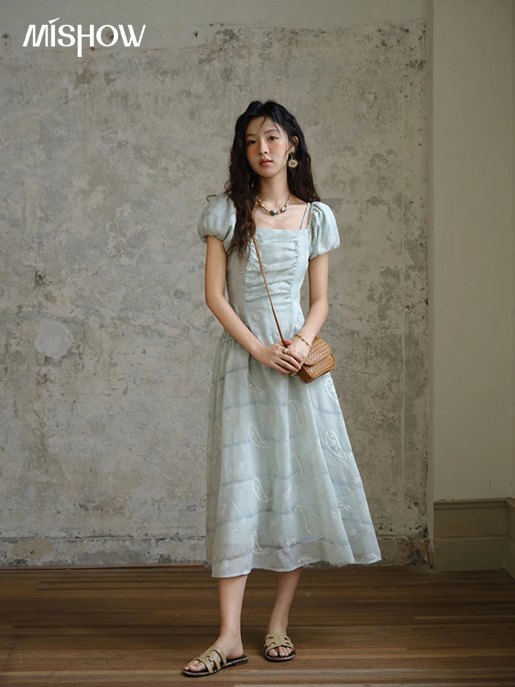 Mishow Embroidery Square Neck Puff Sleeve Dress MXE34L2265