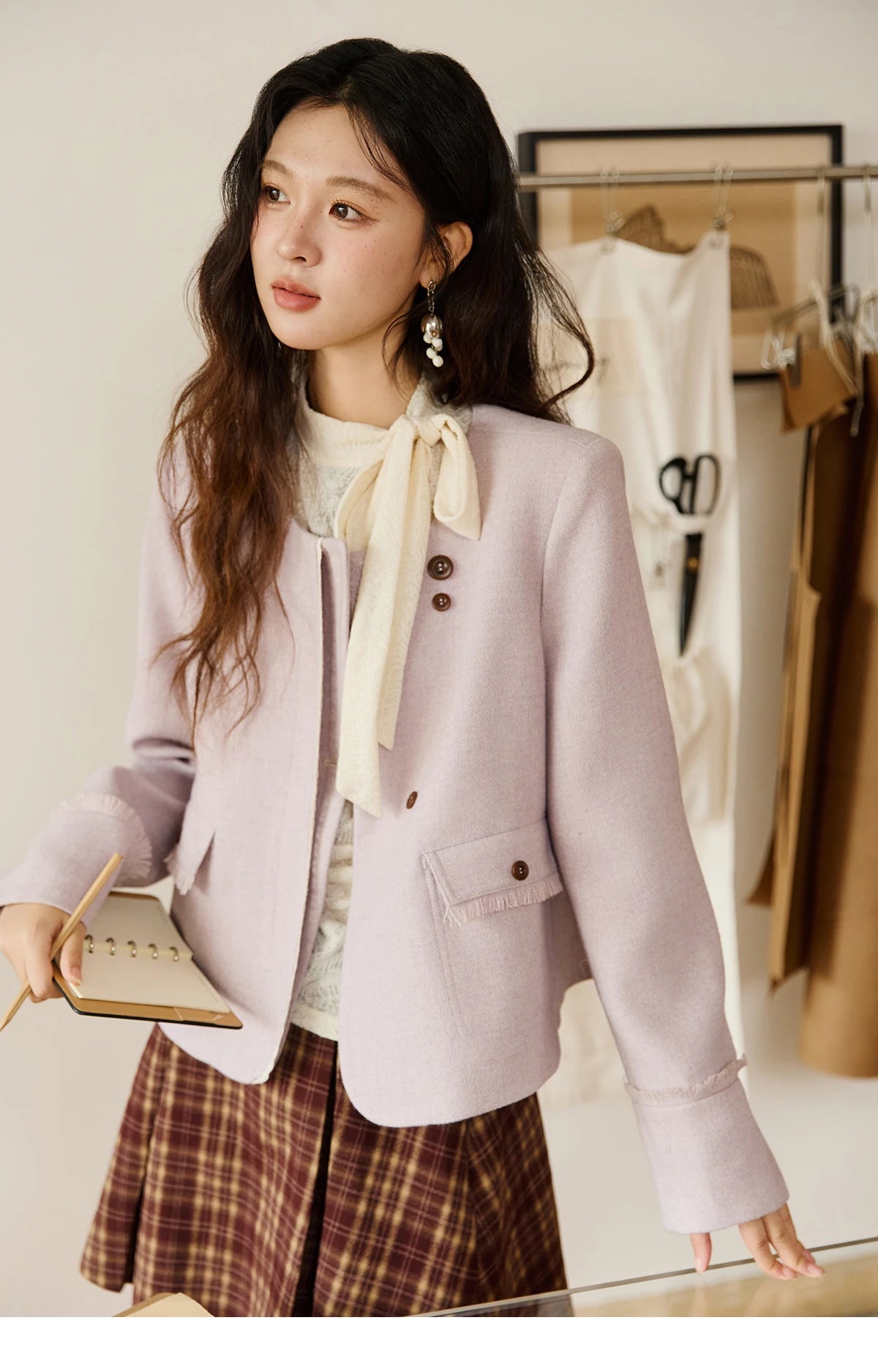 MISHOW Purple Woolen Coat Slanted Placket Splicing Lace Shoulder Pads MXE47W0840