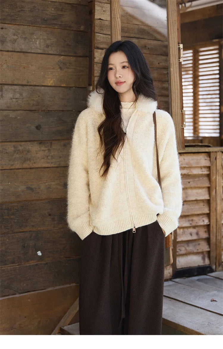 Mishow Beige Fur Hood Zipper Cardigan MXE94Z2963