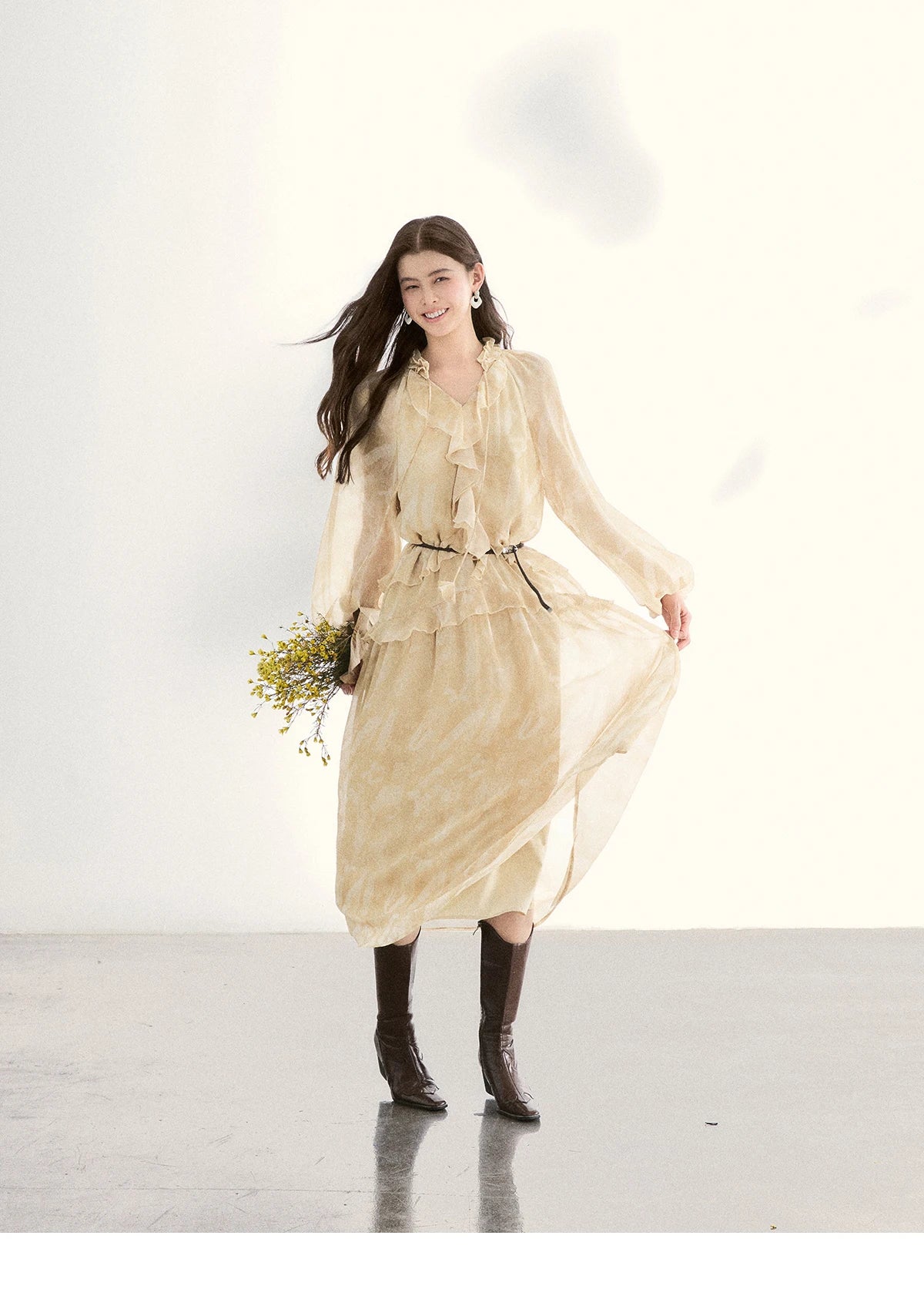 MISHOW Light Yellow Chiffon Maxi Dress V-Neck Ruffled Belted MXF11L2554