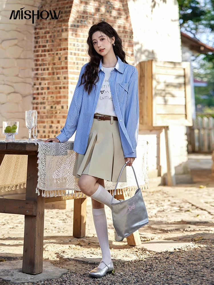 MISHOW Blue Striped Shirt Pocket Turn-Down Collar MXE11C0399