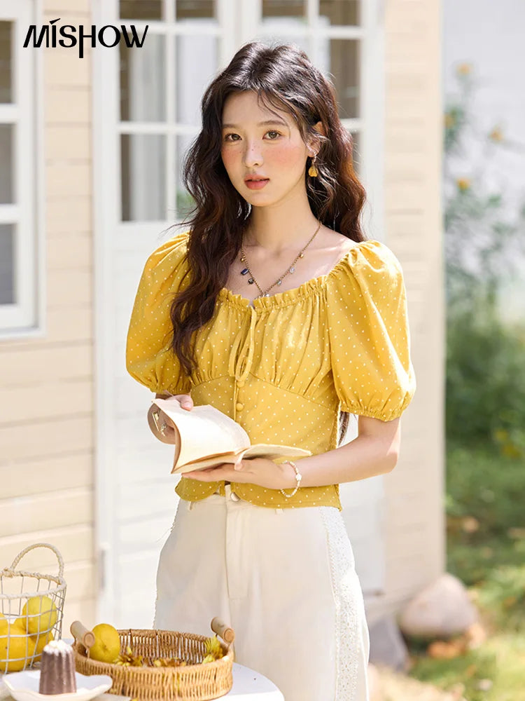 MISHOW Yellow Polka Dot One Shoulder Blouse Back Elastic Lace-Up MXE35X1840