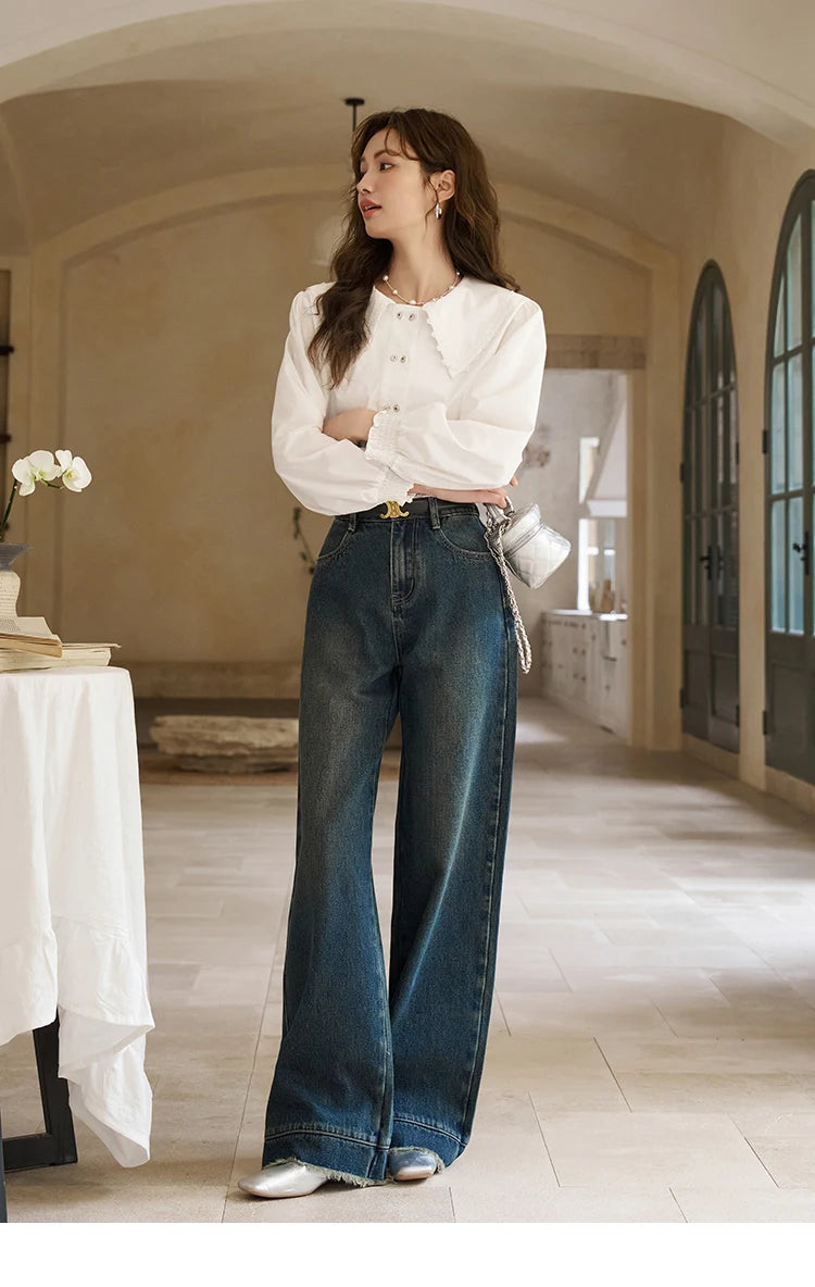 Mishow American Retro Wide Leg Jeans with Tassel Hem MXD12K0538
