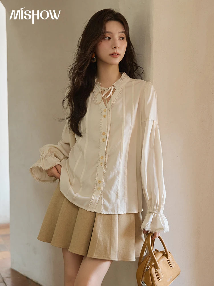 MISHOW Women's 100% Lyocell Apricot Shirt V-Neck Flare Sleeve MXE41C2351