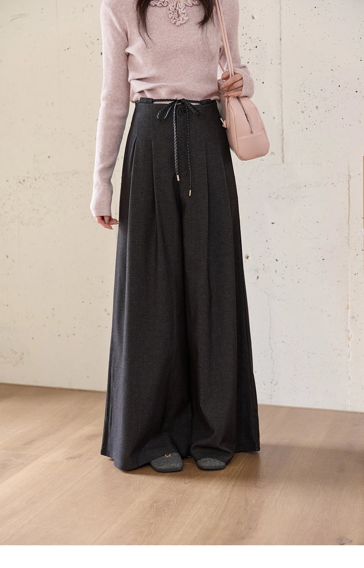 MISHOW Gray Wide-Leg Pants Lace-Up High Waist Slim MXE51K1106
