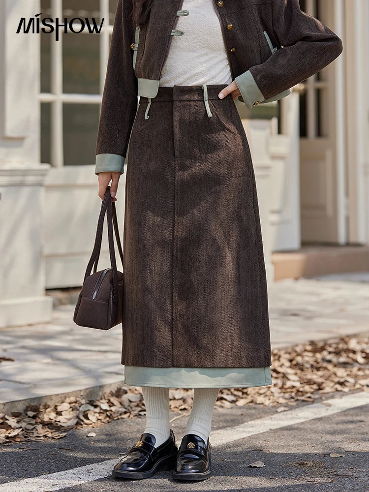 Mishow Fragrant Lapel Jacket & Contrasting Leather Skirt Set MXD43W0444