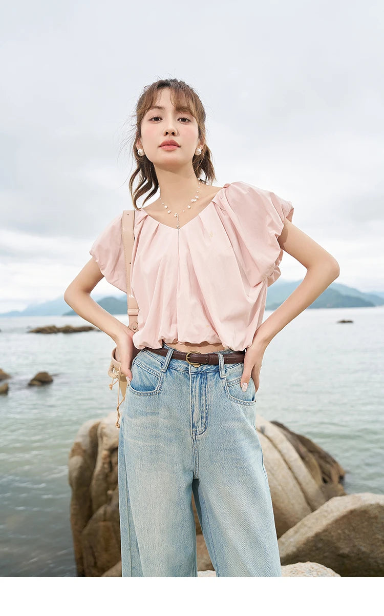 MISHOW French Rear Collar Tie Blouse V-Neck Puff Sleeve MXC38X1275