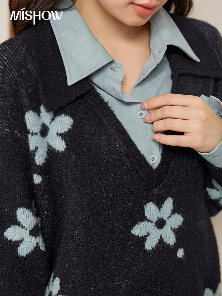 Mishow Dark Blue Fake Two-Piece Turn-Down Collar Sweater MXE51Z2554