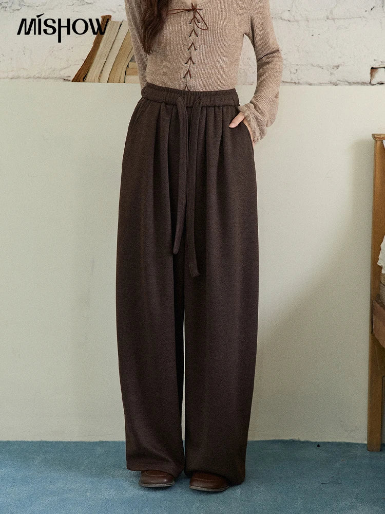 MISHOW Brown Wide-Leg Pants Thickened Drawstring Waistband MXE87K1126