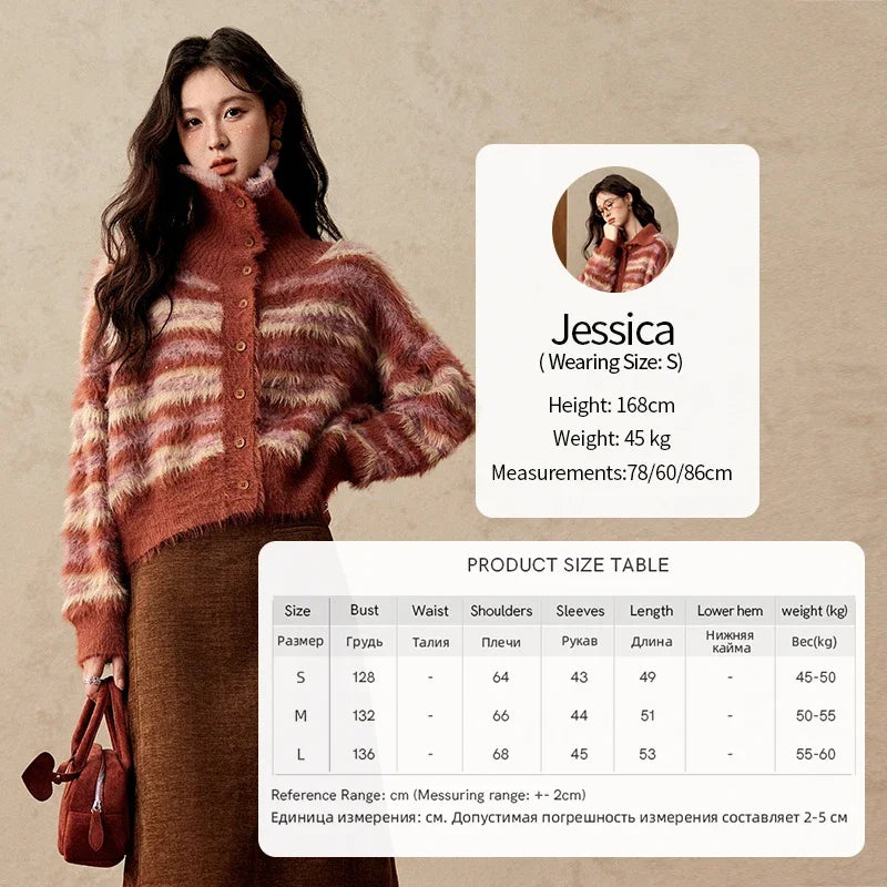 Mishow Red Striped Faux Mink Fur Stand Collar Cardigan MXD59Z1005