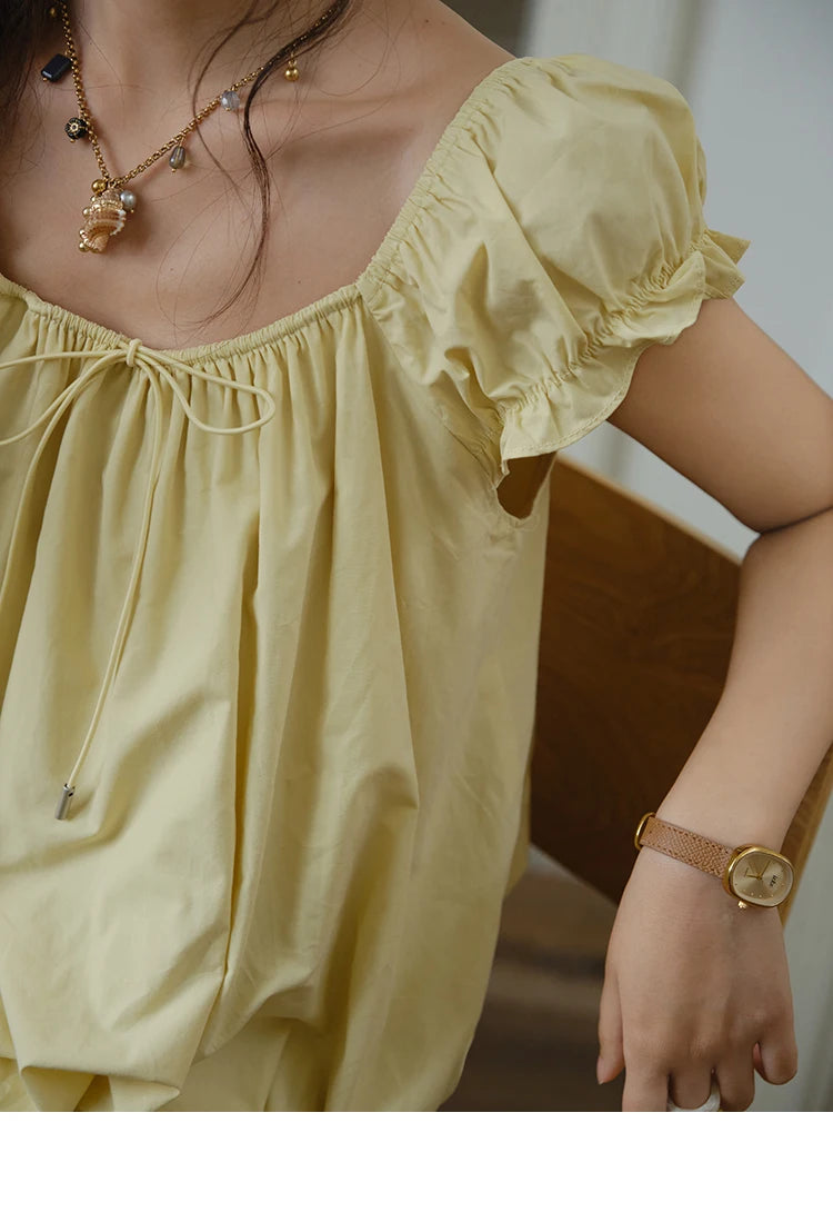 MISHOW Cotton Blouse Puff Sleeve Lace Up O-Neck MXE37X1893