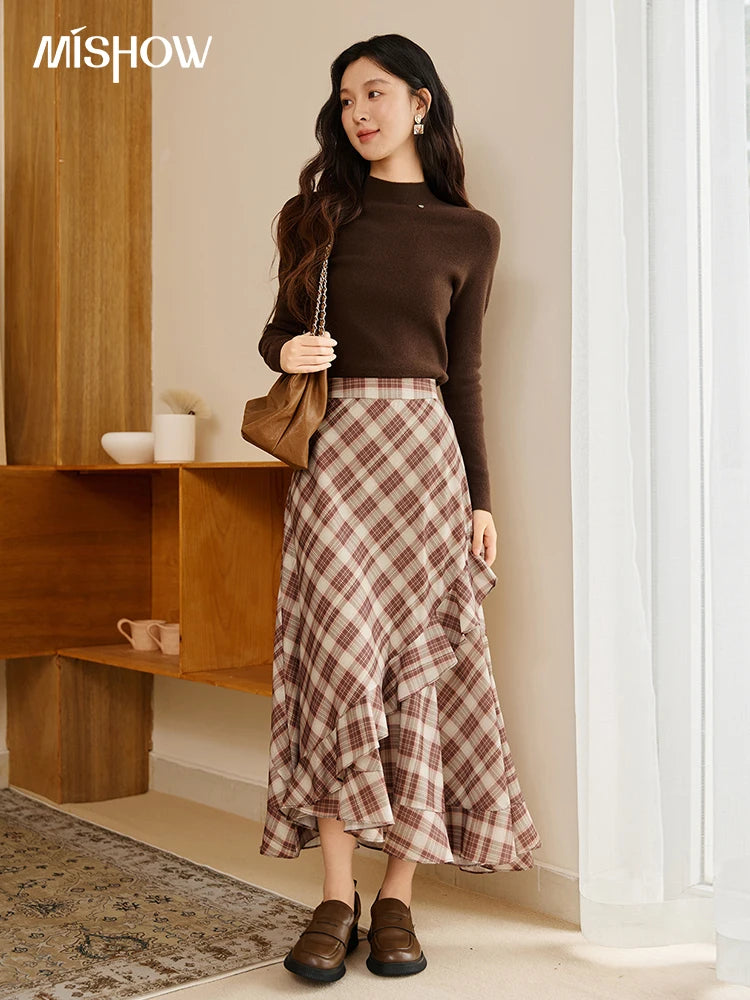 MISHOW Retro Plaid Skirt Irregular Ruffle Edge Back Elastic MXE43B2396