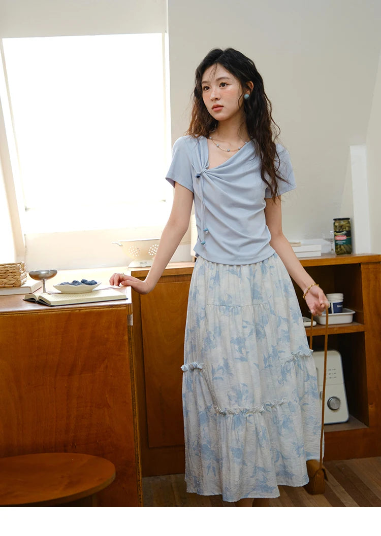 Mishow Lace-Up Print Top & Wide Leg Half Skirt Set MXE35T0596