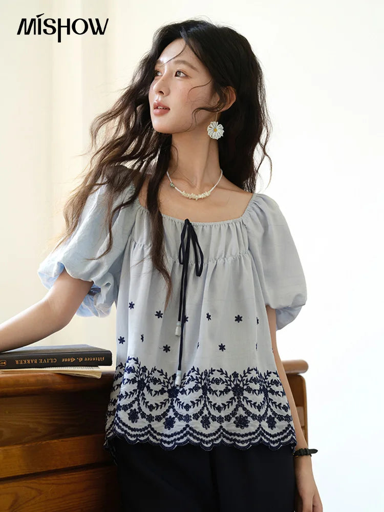 MISHOW Blue Print Blouse Square Neck Lace Up Puff Sleeve MXE36X1799