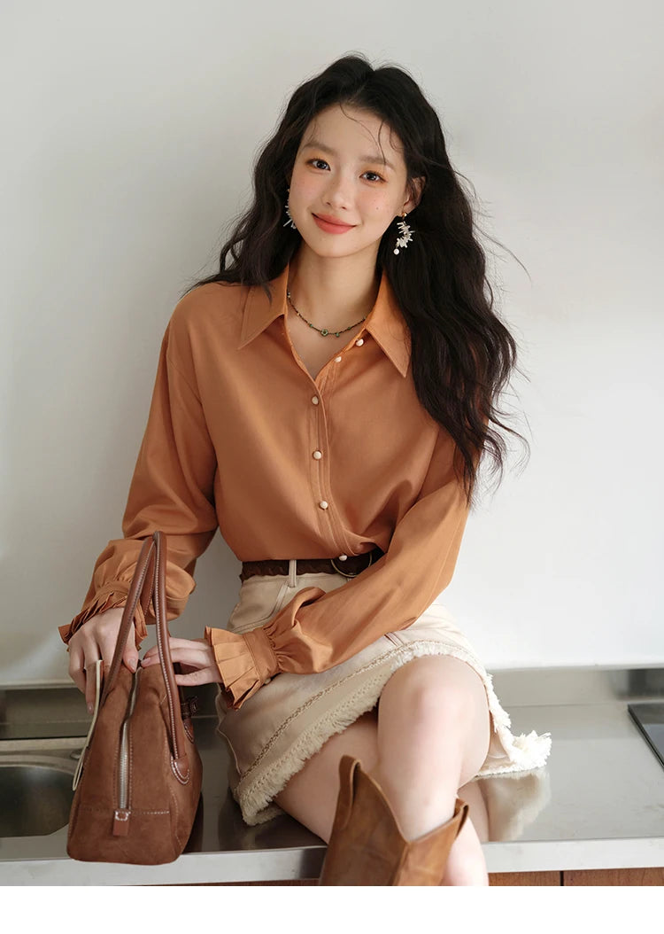 MISHOW Women's Color Block Shirt Pleated Cuffs Lapel Top MXE41C2352