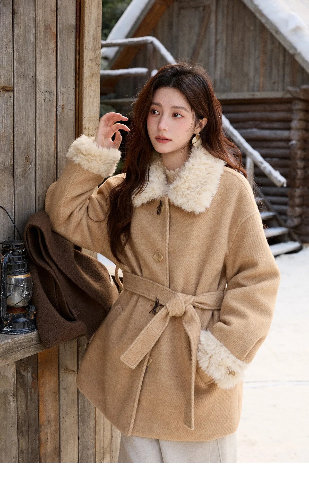 Mishow Thick Wool Blend Belted Patchwork Coat MXE92W0997