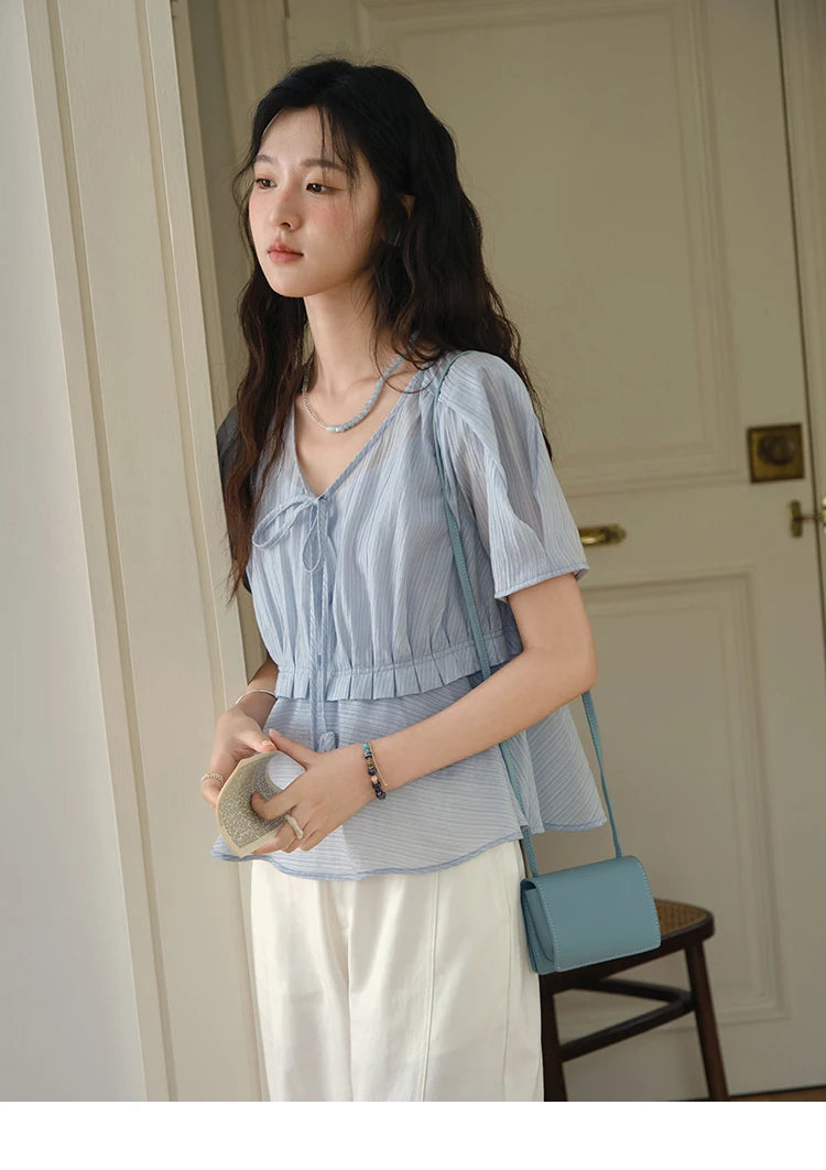 MISHOW V-Neck Blouse Splicing Button Lace Up Short Sleeve MXE34X1821
