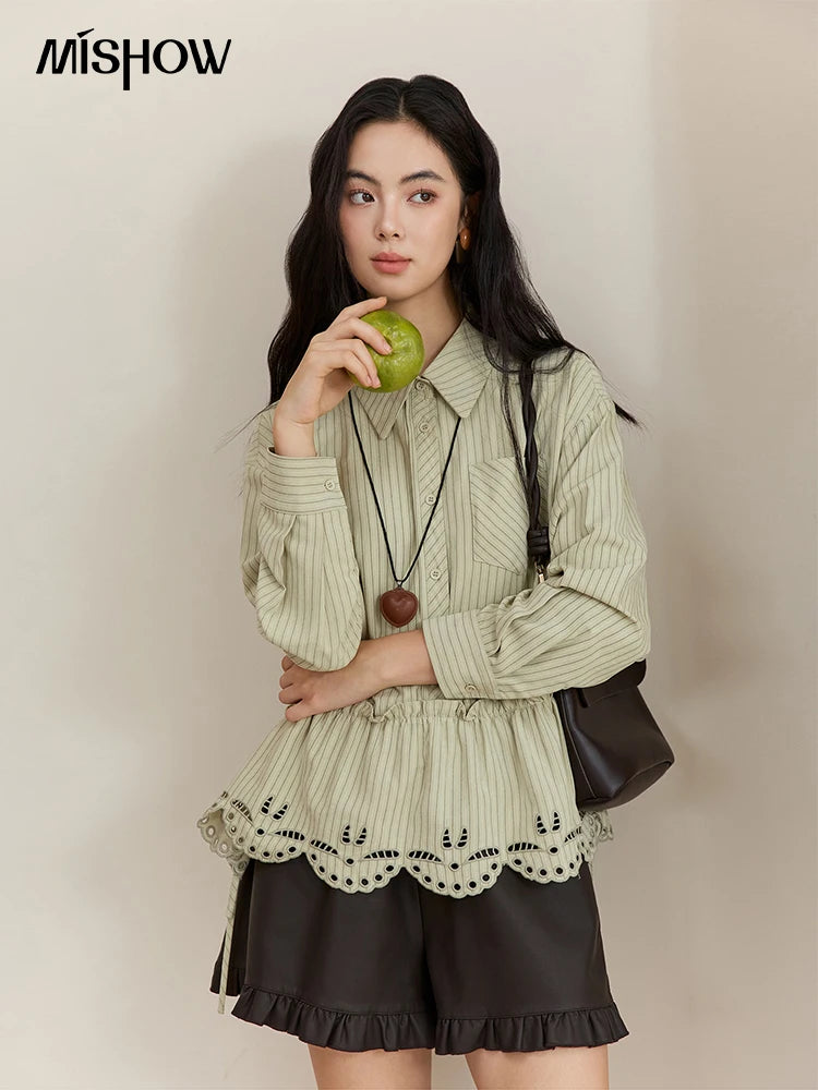 MISHOW Women's Green Striped Shirt MXE49C2414