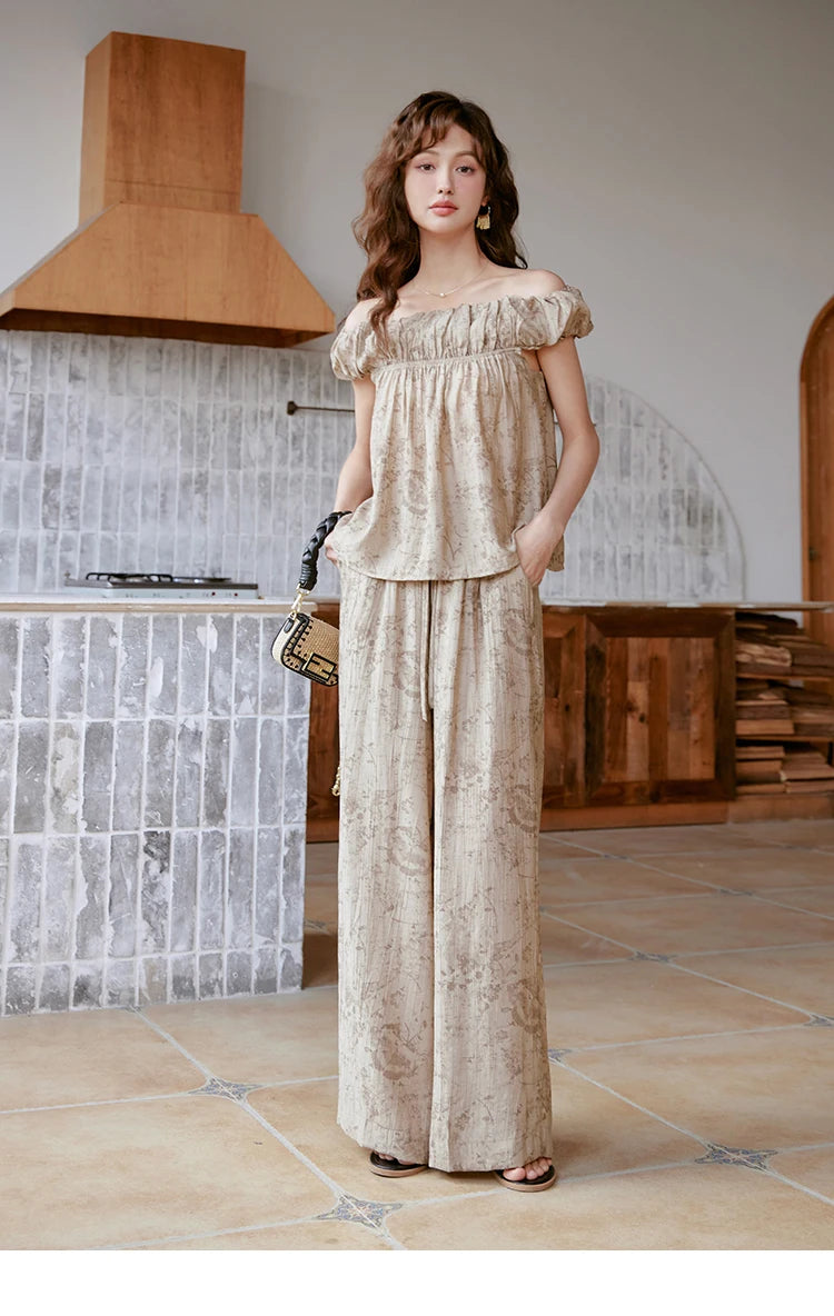 Mishow Ink Print Slash Neck Top & Wide Leg Trouser Set MXC39X1298
