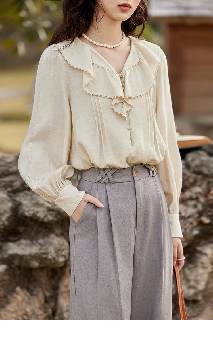MISHOW Lotus Leaf Collar Shirt Bubble Sleeves Pink Chiffon MXE12X1702
