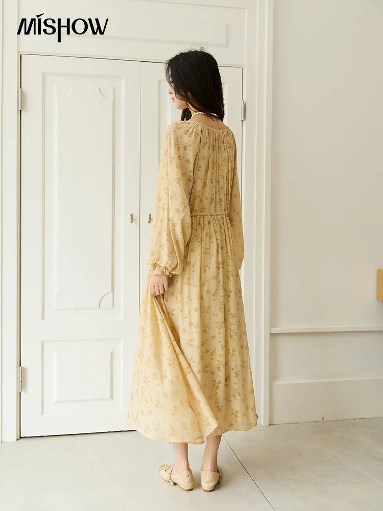 MISHOW Yellow Print Lace Lantern Sleeve Dress MXE47L2527
