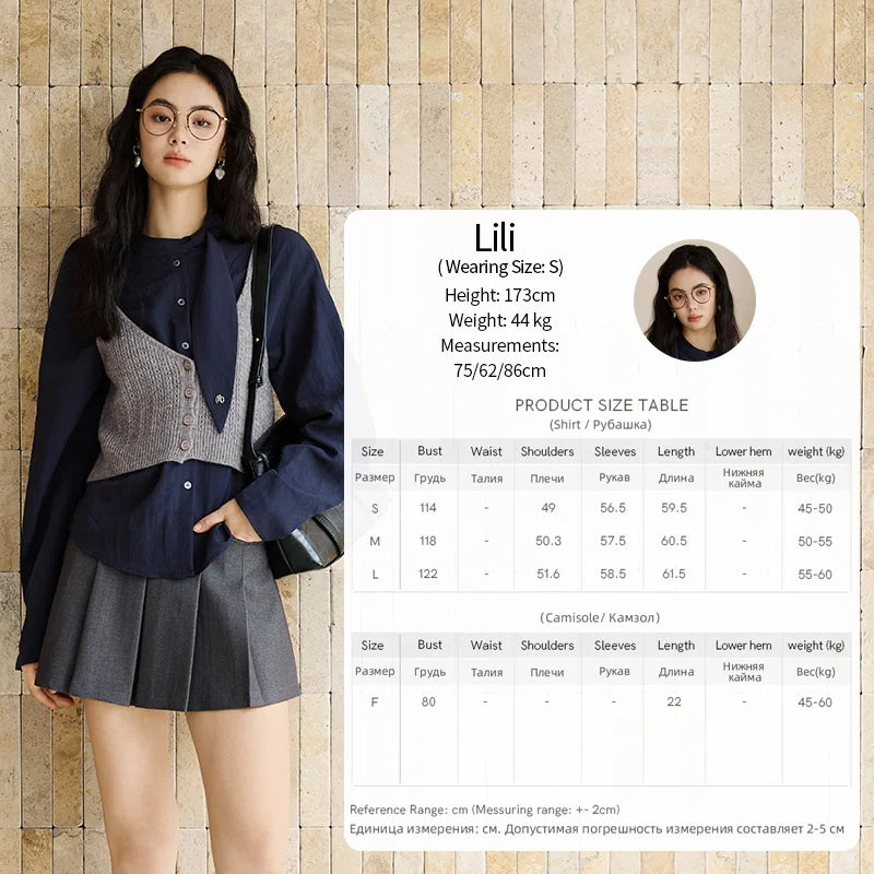 MISHOW Navy Ribbon Layered Shirt Knit Camisole Two-Piece Set MXE47T1412