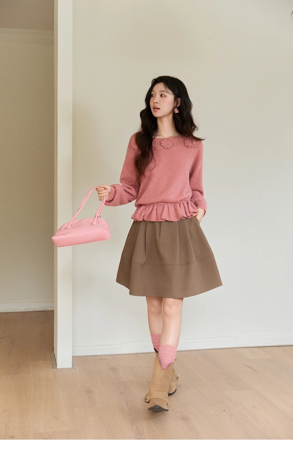 Mishow Pink Hollow Floral Ruffled Hem Sweater MXE94Z2865