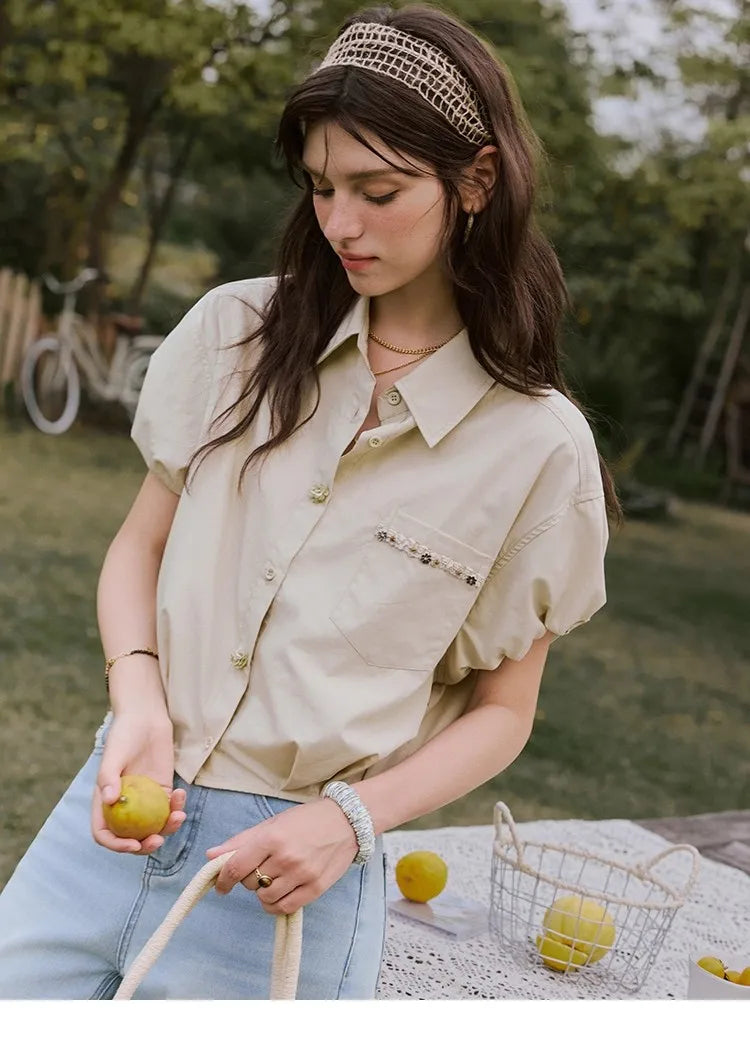 MISHOW Short Puff Sleeve Blouse Turn Down Collar Shell Ribbon MXE33C0773