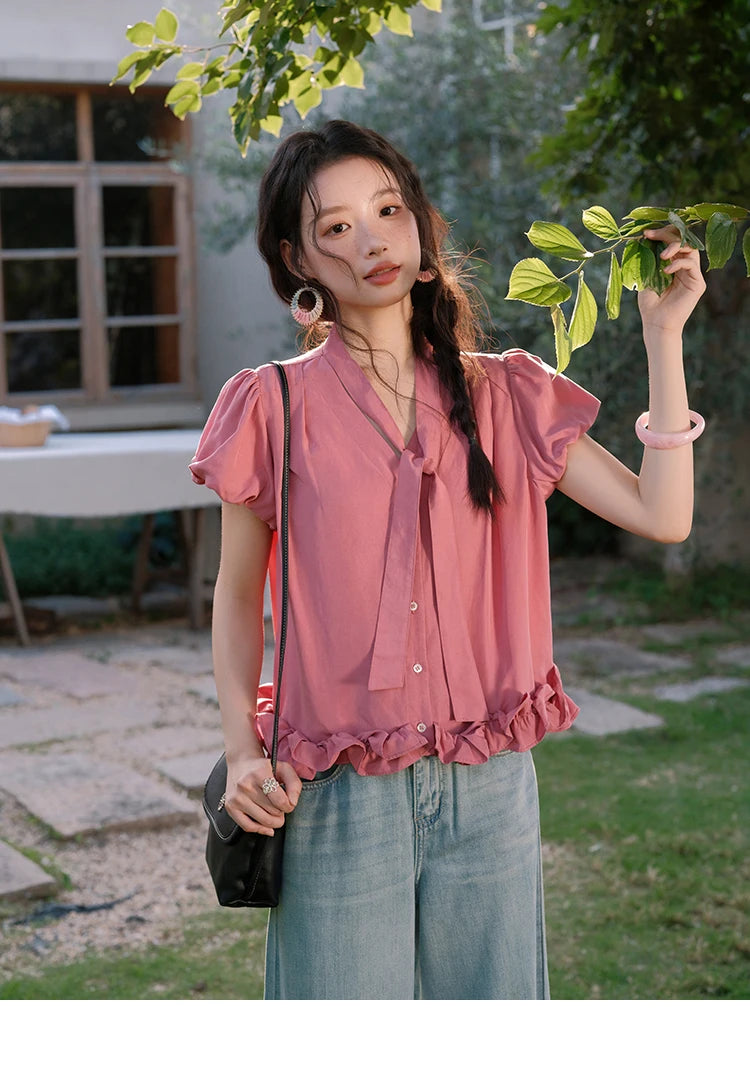 MISHOW V-Neck Puff Sleeve Blouse Lace Up Button Sweet MXE38X1914