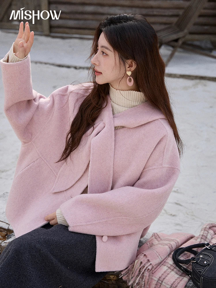 Mishow Pink Wool Hooded Bow Tie Strap Coat MXE91W1010