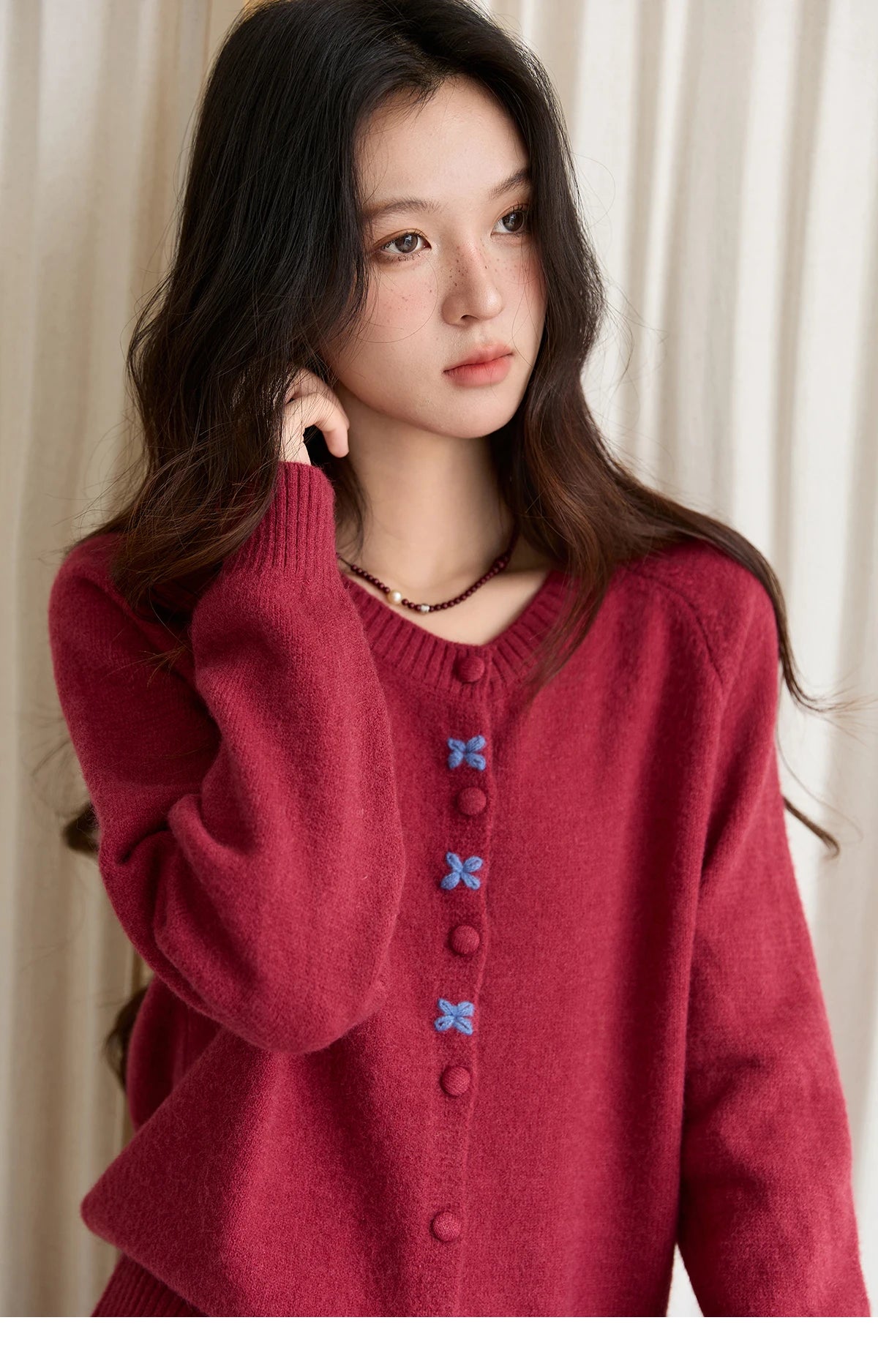 Mishow Red Round Neck Embroidered Cardigan MXE47Z2621