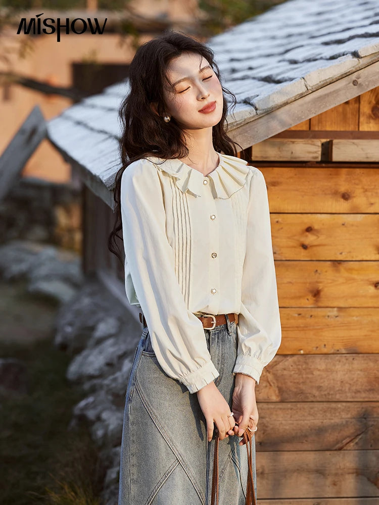 MISHOW Tucker Pleats Doll Neck Shirt Ruffled O Neck MXE12C0401