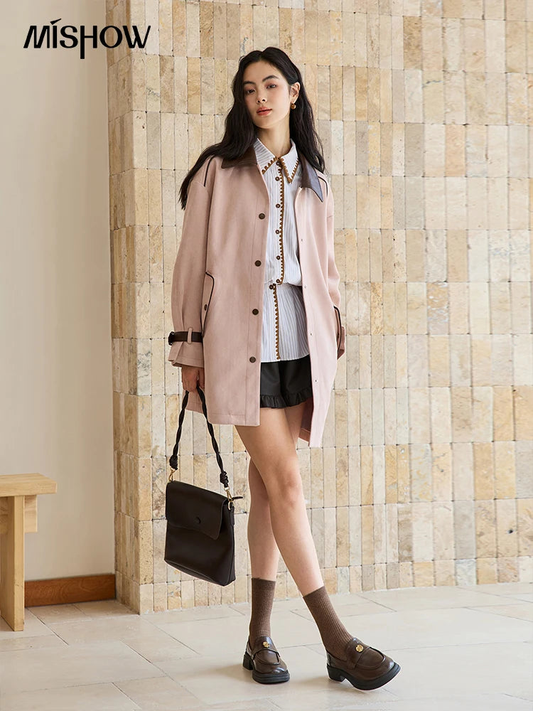 MISHOW Pink Mid-Length Jacket Turn-Down Collar Button Spliced MXE45W0845