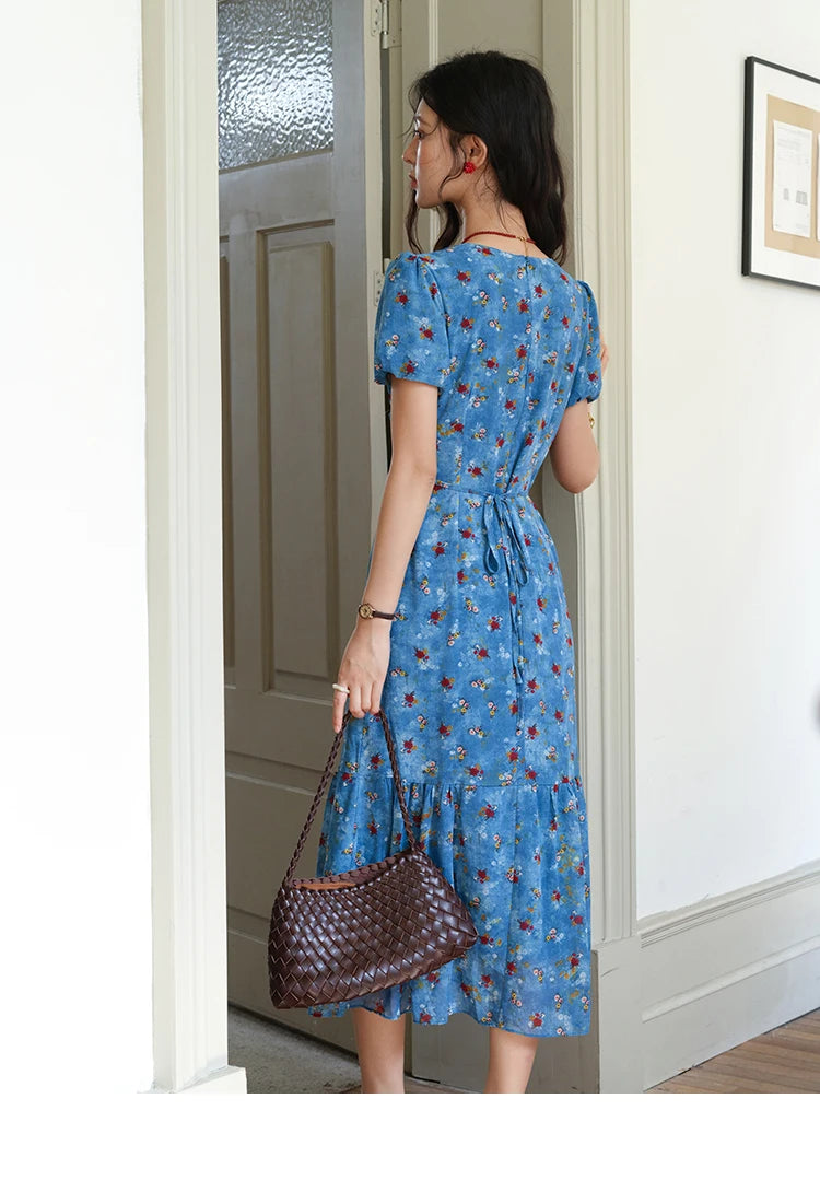 Mishow V-Neck Lace-Up Puff Sleeve Chiffon Dress MXE39L2401