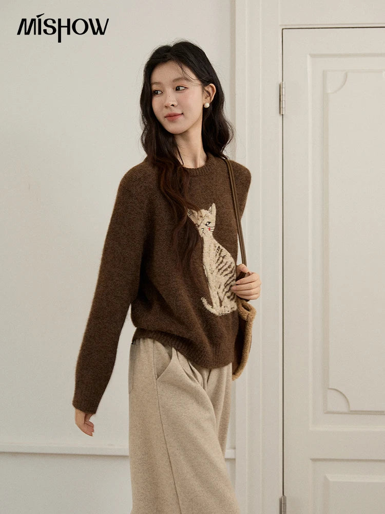 Mishow Brown Cat Pattern Jacquard Pullover MXE94Z2991