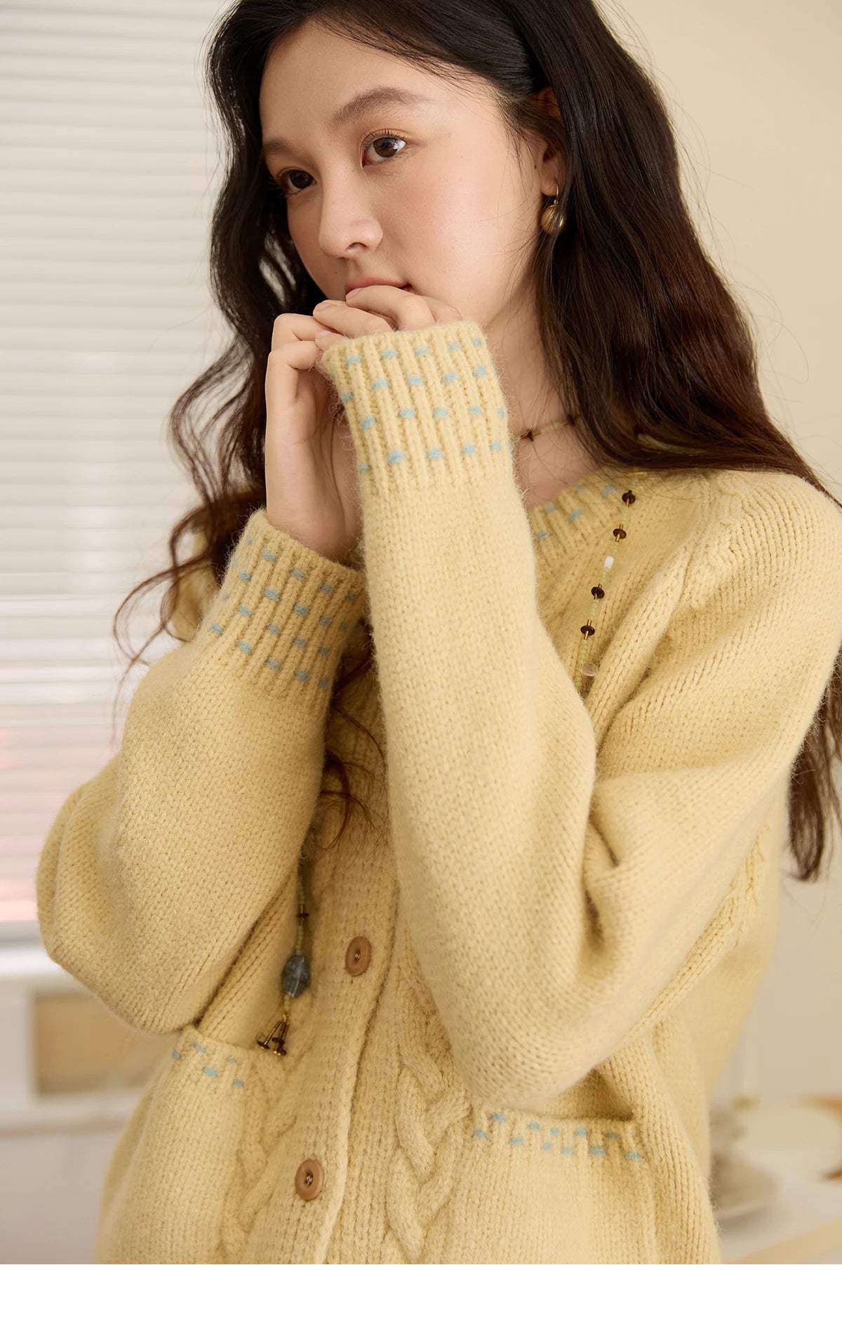 Mishow Yellow Cable Knit Hand-Drawstring Cardigan MXE47Z2566