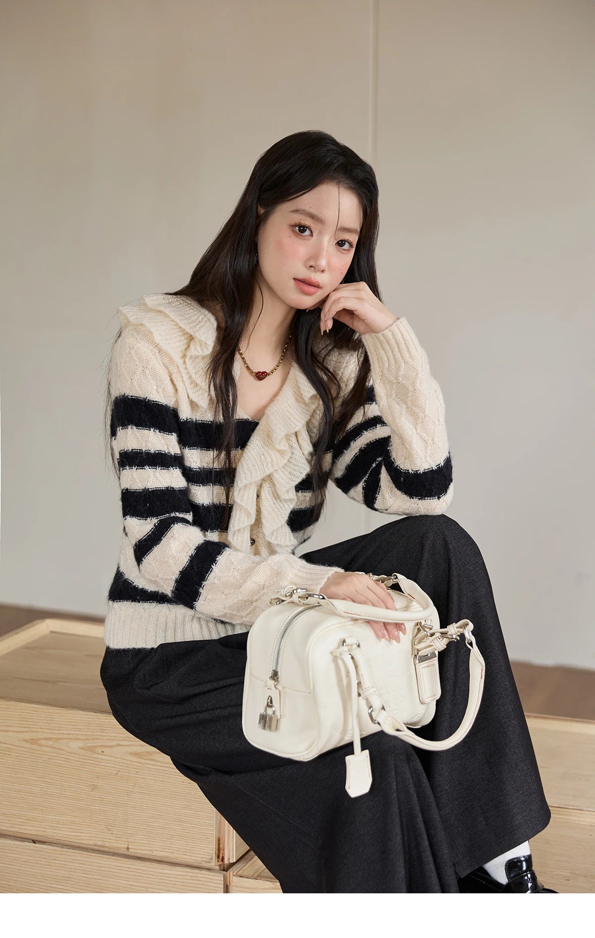 Mishow Striped Asymmetrical Ruffled Cardigan MXE51Z2633
